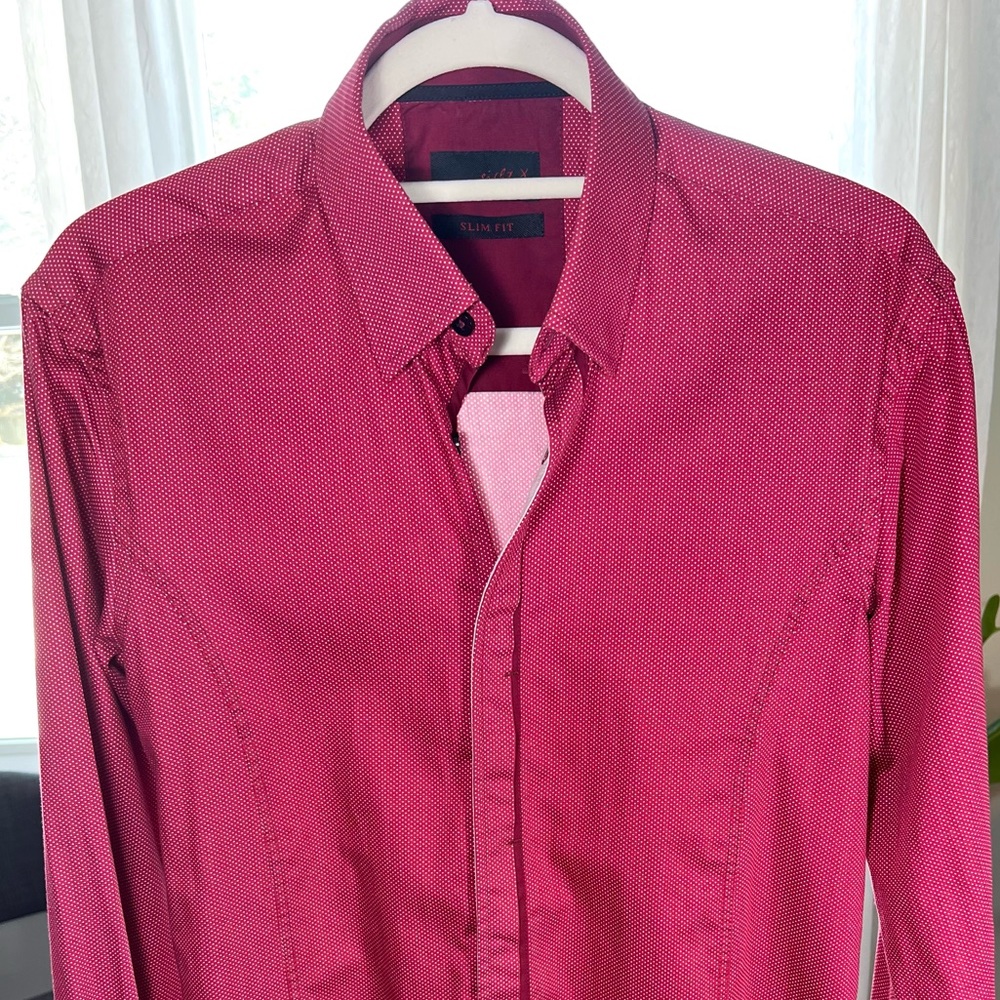 Eight X Premium Slim Fit Red Concealed Buttons Tiny Dots Patterned Button Down